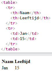 Voorbeeld van HTML tabel code